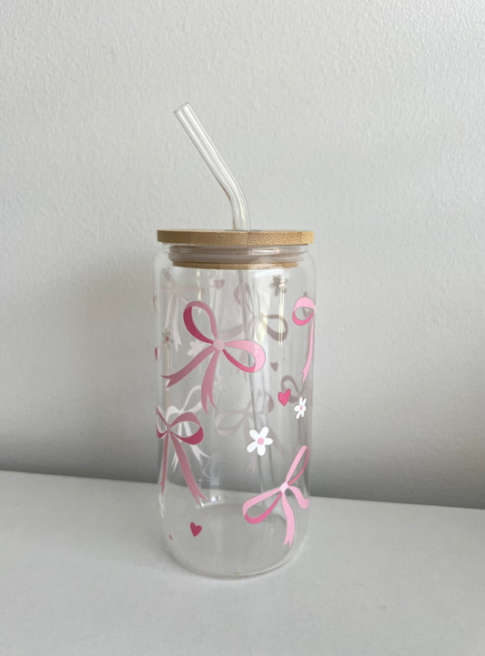 Bow & Bloom Glass Tumbler W/ Glass Straw