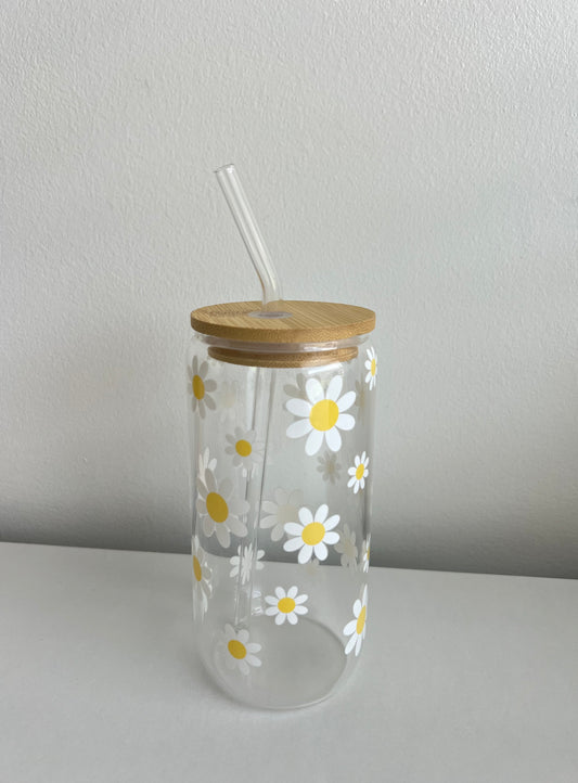Daisy Bloom Glass Tumbler W/ Glass Straw