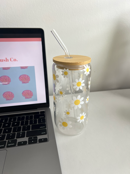 Daisy Bloom Glass Tumbler W/ Glass Straw