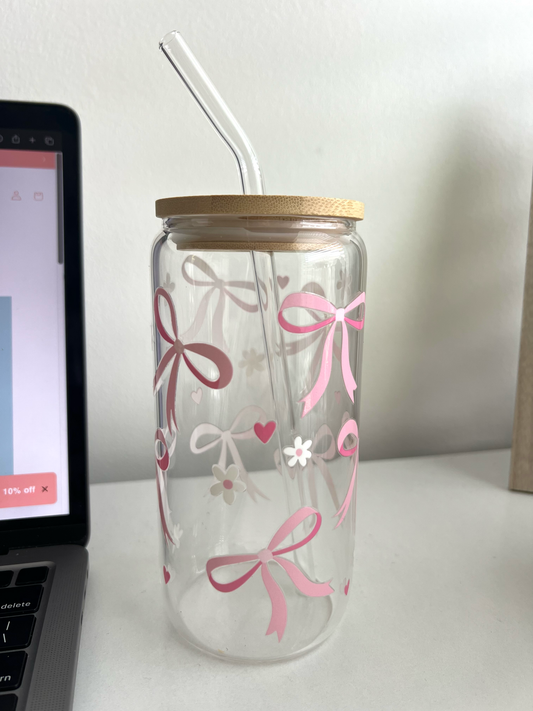 Bow & Bloom Glass Tumbler W/ Glass Straw